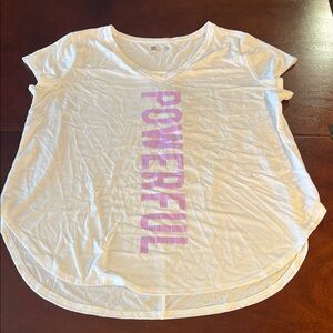 Xersion activewear White short sleeve graphic Tee with “powerful”